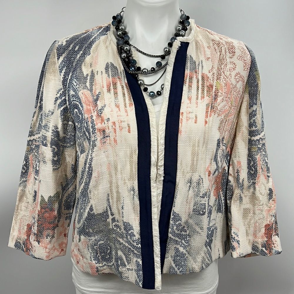 Chico’s size 1 paisley print blue beige open cardigan